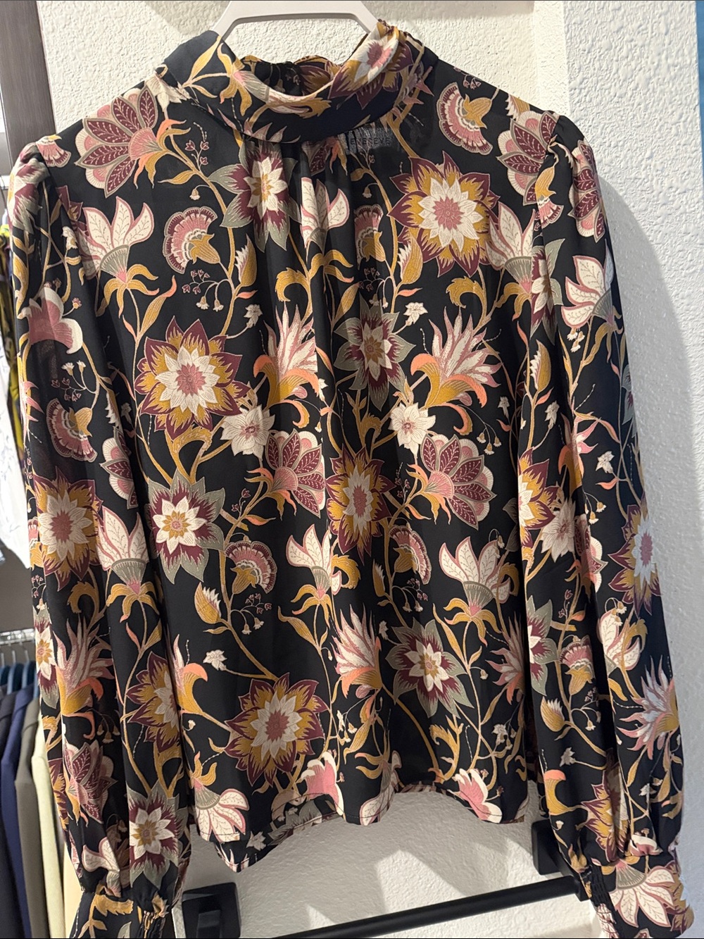 Evereve Black Floral High-Neck Blouse with Pink & Gold Accents